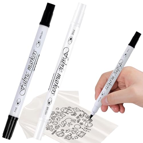Canollo Textilstifte Waschmaschinenfest mit Doppelspitze, 2 Stück Textilfarbe Schwarz, Weiß, Textilmarker Waschmaschinenfest, Stoffmalstifte Set für Textilien Schuhe Die Hemden Hüten (Schwarz+Weiß) von Canollo