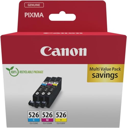 Canon CLI-526 C M Y Vorteilspack 3 Tintenpatronen (Cyan, Magenta, Gelb) Original [Umweltfreundliche Recycle-Kartonverpackung 2024] von Canon