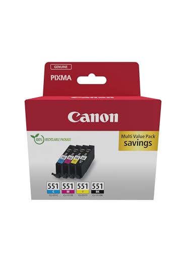 Canon CLI-551 C M Y BK Vorteilspack 4 Tintenpatronen (Schwarz, Cyan, Magenta, Gelb) Original [Umweltfreundliche Recycle-Kartonverpackung 2024 mit Diebstahl Sicherungsetikett] von Canon