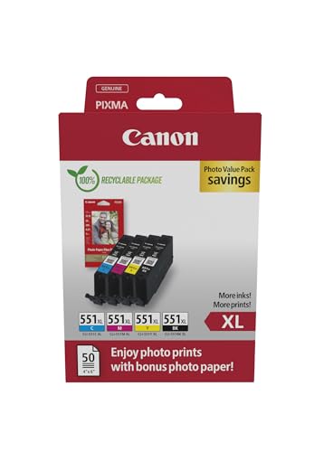 Canon CLI-551 XL C M Y BK Vorteilspack 4 Tintenpatronen größere Reichweite XL (Schwarz XL, Cyan XL, Magenta XL, Gelb XL) Original [Umweltfreundliche Recycle-Kartonverpackung 2024] von Canon