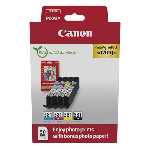 Canon Tintenpatronen - CLI-581 C M Y BK Original Druckerpatronen 4er Pack (1 x Schwarz, 1 x Cyan, 1 x Magenta, 1 x Gelb) & 4x6 Fotopapier (50 Blatt) von Canon