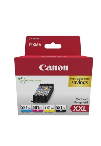 Canon CLI-581 XXL C M Y BK Vorteilspack 4 Tintenpatronen höchste Reichweite XXL (Schwarz XXL, Cyan XXL, Magenta XXL, Gelb XXL) Original [Umweltfr. Recycle-Kartonverp. 2024 + Diebstahl Sicherung] von Canon