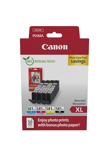 Canon CLI-581 XL C M Y BK Vorteilspack 4 Tintenpatronen größere Reichweite XL (Schwarz XL, Cyan XL, Magenta XL, Gelb XL) Original [Umweltfreundliche Recycle-Kartonverpackung 2024] von Canon