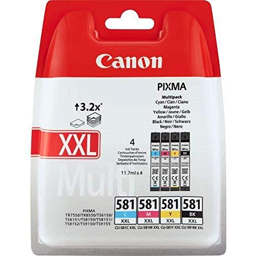 Canon CLI-581 XXL C M Y BK Vorteilspack 4 Tintenpatronen höchste Reichweite XXL (Schwarz XXL, Cyan XXL, Magenta XXL, Gelb XXL 2018 SEC) von Canon