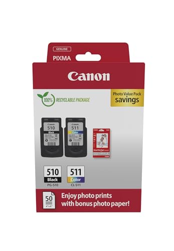 Canon PG-510 / CL-511 Genuine Ink Cartridges, Pack of 2 (1 x Black, 1 x Colour), Includes 50 Sheets of 4x6 Photo Paper - Security Cardboard Multipack von Canon