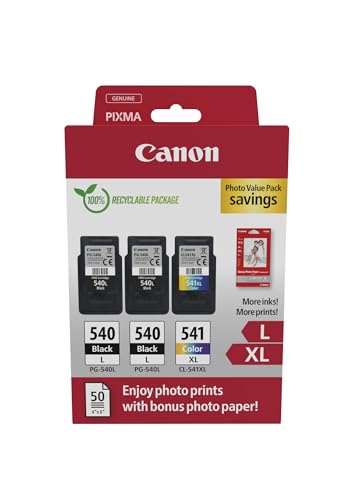 Canon Originaltinte PG-540XL x 2 / CL-541XL (3 Tintenpatronen; 2x Schwarz XL + 1x Farbe XL) - Photo Value Pack (inkl. Canon Fotopapier GP-501 50 Blatt 10x15cm) von Canon