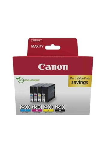 Canon PGI-2500 C M Y BK Vorteilspack 4 Tintenpatronen (Schwarz, Cyan, Magenta, Gelb) Original [Umweltfreundliche Recycle-Kartonverpackung 2024] von Canon