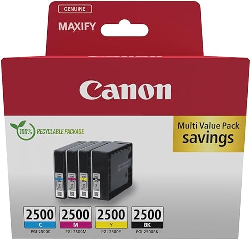 Canon PGI-2500 C M Y BK Vorteilspack 4 Tintenpatronen (Schwarz, Cyan, Magenta, Gelb) Original [Umweltfreundliche Recycle-Kartonverpackung 2024] von Canon