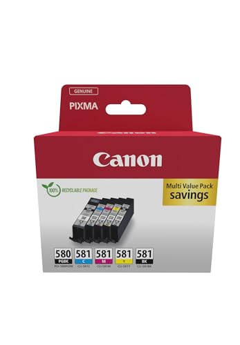 Canon PGI-580 CLI-581 BK C M Y PGBK Vorteilspack 5 Tintenpatronen (Schwarz, Cyan, Magenta, Gelb, Pigment-Schwarz) Original [Umweltfreundl. Recycle-Kartonverpackung 2024 mit Diebstahl Sicherung] von Canon