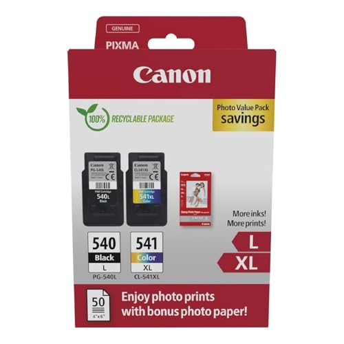 Canon Tintenpatronen & Papier-Multipack - PG-540/CL-541XL Original Druckerpatronen 2er Pack (1 x Schwarz, 1 x Farbe) & 4x6 Fotopapier (50 Blatt) von Canon