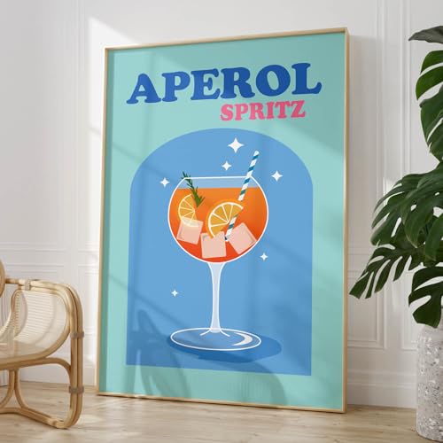 Aperol Spritz Poster, bunte Cocktail-Wandkunst für Wohnzimmer, Retro-Cocktail-Poster, dänische Pastell-Gemälde, ästhetische Cocktail-Poster, blaues Alkohol-Getränke-Poster, 40.6x61 cm, rahmenlos von Canrvasvibe