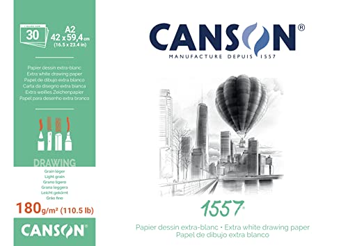 CANSON 1557® Zeichenpapier kopfgeleimt, DIN A2 - 42 x 59,4 cm, 30 Blatt, 180 g/m², leicht gekörnt von Canson