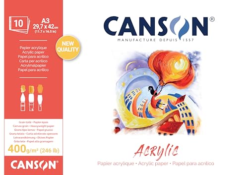 CANSON Acrylic, Acrylpapier, Leinwandkörnung, 400 g/m², Blatt, A3-29,7 x 42 cm, Naturweiß, 10 Blatt von Canson