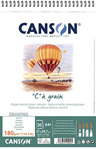 Canson 400060604 "C" a grain-leicht gekörnt Zeichenpapier, 180 g/qm, A4+, 30 Blatt pro Block "Spirale an der kurzen Seite", 210 x 322 mm, weiß von Canson