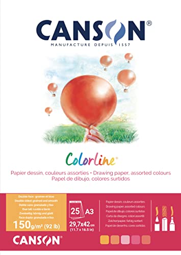 CANSON Colorline, Farbiges Zeichenpapier, Zweiseitig: gekörnt und glatt, 150gsm, 92lb, An der kurzen Seite geleimter Block, A3-29,7x42cm, 5 verschiedene Farbtöne, 25 Blatt - C31074P005 von Canson