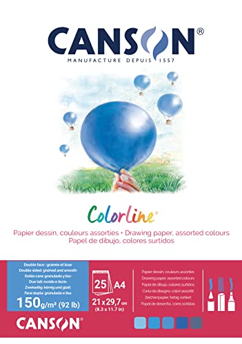 CANSON Colorline, Farbiges Zeichenpapier, Zweiseitig: gekörnt und glatt, 150gsm, 92lb, An der kurzen Seite geleimter Block, A4-21x29,7cm, 5 verschiedene Farbtöne, 25 Blatt - C31074P002 von Canson