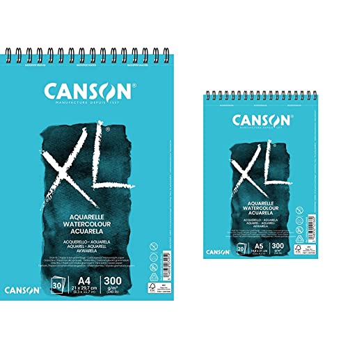 CANSON XL Aquarelle C400039170: Aquarellpapier, Blau & XL Aquarelle C400082843: DIN A5 - Aquarell Malblock in weiß - Zeichenblock für Aquarell - 300g - Hochwertiges Canson Watercolor Paper von Canson