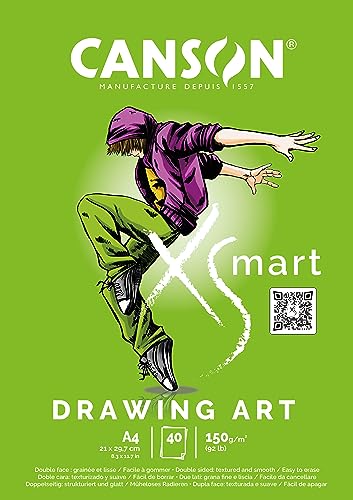 CANSON XSmart Drawing Art, Zeichenpapier, weiß, doppelseitig: strukturiert und weich, 150 g/m², Längseitig geklebter Block, A4-21 x 29,7 cm, Weiß, 40 Blatt von Canson