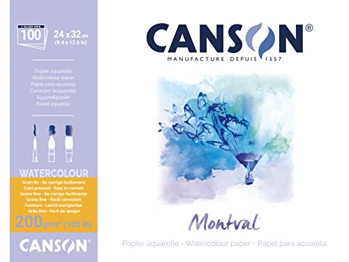 Canson 200807353 AQ Montval fein Aquarelle, 200 g/qm, 100 Blatt pro Block "an der langen Seite geleimt", 24 x 32 cm, weiß von Canson
