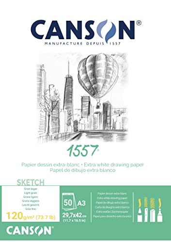 CANSON 1557® Skizzenpapier kopfgeleimt, DIN A3 - 29,7 x 42 cm, 50 Blatt, 120 g/m², leicht gekörnt von Canson
