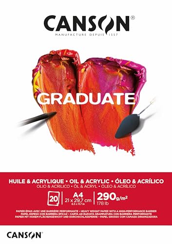 CANSON Graduate, Öl- & Acrylmalpapier, leicht aufgeraute Oberfläche, 290 g/m², an der kurzen Seite geleimter Block, DIN A4 21 x 29,7 cm, Naturweiß, 20 Blatt von Canson