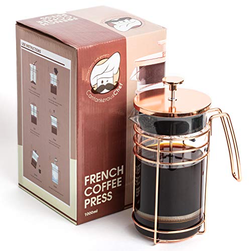 French Press and Tea Maker – 1000 ml Kaffeemaschine Presse – Premium Kaffeepresse mit Roségold Finish – Dickes Glas und Edelstahl Kaffeebereiter – French Press Kaffeemaschine für Tee, Latte, Expresso von Cantankerous Chef