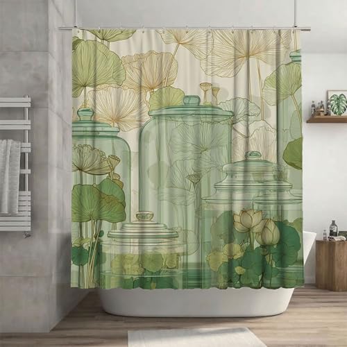 Anlage Duschvorhang 150 x 200 cm, Duschvorhang Lotus Muster mit 12 Duschvorhangringe, Waschbar Polyester Stoff Beschwerter Saum Wasserdicht und Trocknet Schnell Badevorhang Badewanne, Geschenke G-22 von Canuhkun