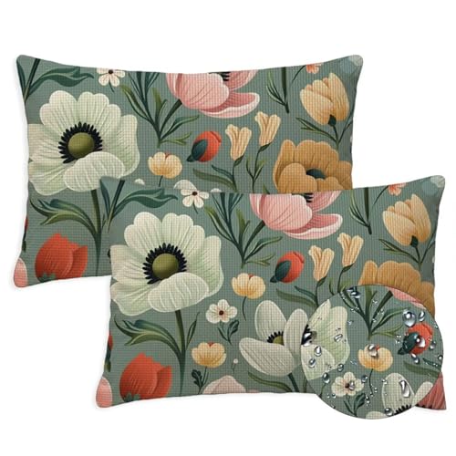 Anlage Outdoor Kissen Wasserfest 2er Set Kissenbezugen 30x50 cm Rechteckig Sofakissen Blumen Sitzkissen Outdoor Balkon Deko Leinen Sofa Kissenbezugen für Sommer Fall Gartenmöbel Stuhl Deko, S-1380 von Canuhkun