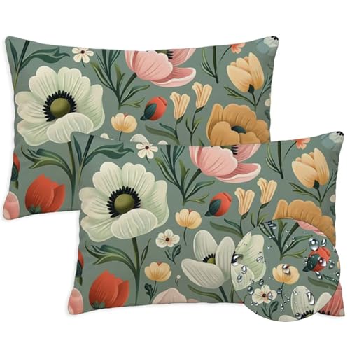 Anlage Outdoor Kissen Wasserfest 2er Set Kissenbezugen 30x50 cm Rechteckig Sofakissen Blumen Sitzkissen Outdoor Balkon Deko Weicher Sofa Kissenbezugen für Sommer Fall Gartenmöbel Stuhl Deko, S-1380 von Canuhkun