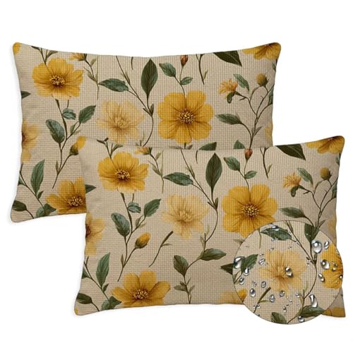 Anlage Outdoor Kissen Wasserfest 2er Set Kissenbezugen 40x60 cm Rechteckig Sofakissen Blumen Sitzkissen Outdoor Balkon Deko Leinen Sofa Kissenbezugen für Sommer Fall Gartenmöbel Stuhl Deko, S-1396 von Canuhkun