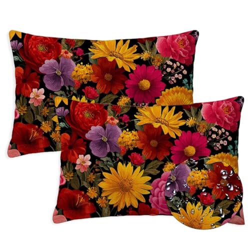 Anlage Outdoor Kissen Wasserfest 2er Set Kissenbezugen 40x70 cm Rechteckig Sofakissen Blumen Sitzkissen Outdoor Balkon Deko Leinen Sofa Kissenbezugen für Sommer Fall Gartenmöbel Stuhl Deko, S-1372 von Canuhkun