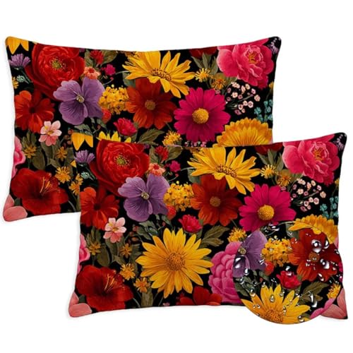 Anlage Outdoor Kissen Wasserfest 2er Set Kissenbezugen 40x70 cm Rechteckig Sofakissen Blumen Sitzkissen Outdoor Balkon Deko Weicher Sofa Kissenbezugen für Sommer Fall Gartenmöbel Stuhl Deko, S-1372 von Canuhkun