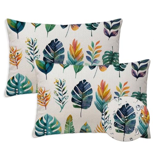 Anlage Outdoor Kissen Wasserfest 2er Set Kissenbezugen 50x70 cm Rechteckig Sofakissen Blatt Sitzkissen Outdoor Balkon Deko Leinen Sofa Kissenbezugen für Sommer Fall Gartenmöbel Stuhl Deko, S-1408 von Canuhkun