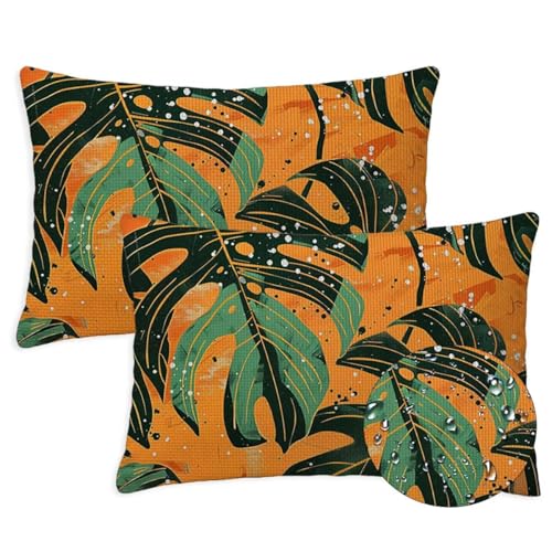 Blatt Outdoor Kissen Wasserfest 2er Set Kissenbezugen 40x65 cm Rechteckig Sofakissen Tropische Pflanzen Sitzkissen Outdoor Balkon Deko Leinen Kissenbezugen für Sommer Fall Gartenmöbel Stuhl Deko,S1352 von Canuhkun