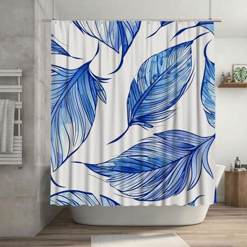 Blau Duschvorhang 120 x 180 cm, Duschvorhang Blätter Muster mit 12 Duschvorhangringe, Waschbar Polyester Stoff Beschwerter Saum Wasserdicht und Trocknet Schnell Badevorhang Badewanne, Geschenke G-37 von Canuhkun