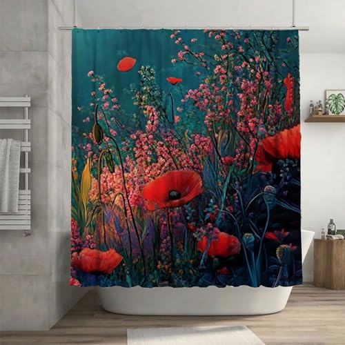Duschvorhang Rot Shower Curtains Mohn Duschvorhang 165 x 180 cm mit 12 Haken, Wasserdicht Shower Curtains, Beschwerter Saum, Waschbar Polyester Stoff Badevorhänge mit Ösen für Badezimmer Deko G-8 von Canuhkun