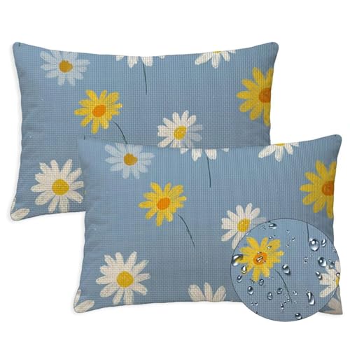 Entenei Outdoor Kissen Wasserfest 2er Set Kissenbezugen 30x50 cm Rechteckig Sofakissen Daisy Blumen Sitzkissen Outdoor Balkon Deko Leinen Kissenbezugen für Sommer Fall Gartenmöbel Stuhl Deko, S-1336 von Canuhkun