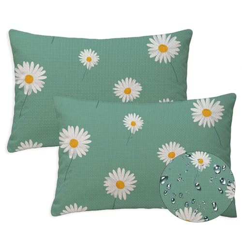 Entenei Outdoor Kissen Wasserfest 2er Set Kissenbezugen 40x65 cm Rechteckig Sofakissen Daisy Blumen Sitzkissen Outdoor Balkon Deko Leinen Kissenbezugen für Sommer Fall Gartenmöbel Stuhl Deko, S-1332 von Canuhkun