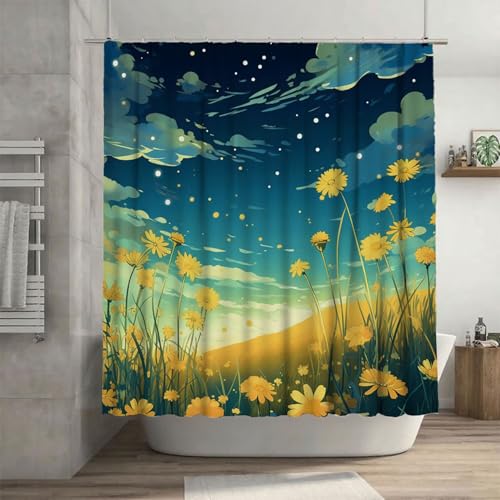 Gelb Duschvorhang 90 x 180 cm, Duschvorhang Blumen Muster mit 12 Duschvorhangringe, Waschbar Polyester Stoff Beschwerter Saum Wasserdicht und Trocknet Schnell Badevorhang Badewanne, Geschenke G-10 von Canuhkun