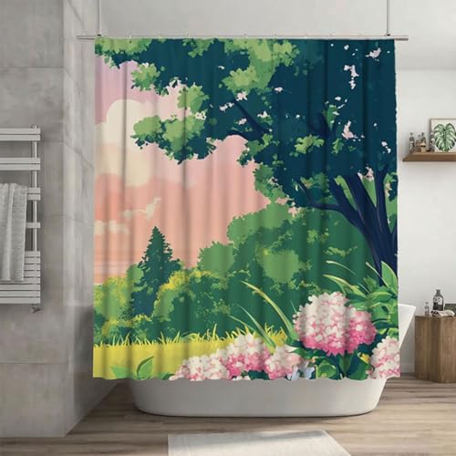 Natur Duschvorhang 165 x 180 cm, Duschvorhang Anlage Muster mit 12 Duschvorhangringe, Waschbar Polyester Stoff Beschwerter Saum Wasserdicht und Trocknet Schnell Badevorhang Badewanne, Geschenke G-667 von Canuhkun
