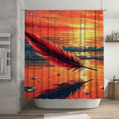 Rot Duschvorhang 180 x 240 cm, Duschvorhang Feder Muster mit 12 Duschvorhangringe, Waschbar Polyester Stoff Beschwerter Saum Wasserdicht und Trocknet Schnell Badevorhang Badewanne, Geschenke G-31 von Canuhkun