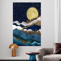 Vollmond Landschaft, Leinwand, Berg Sternenhimmel Wandkunst, Nacht Landschaft Golddruck von CanvaSale