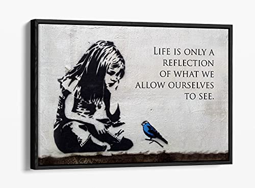 CANVASARTSHOP - Banksy Mädchen blauer Vogel Zitat - Float Effekt gerahmte Leinwand Wandkunst Bild Druck (Schwarz, 30,5 x 20,3 cm) von CanvasArtShop