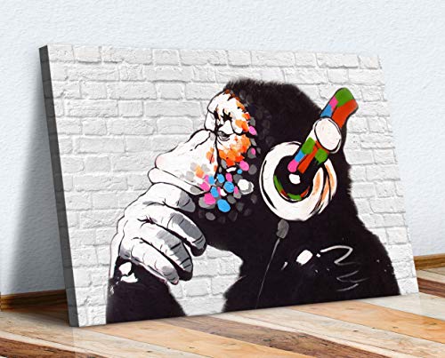 Kunstdruck auf Leinwand, Motiv: Affe DJ Banksy, weißer Stein, 91 x 60 cm von CanvasArtShop