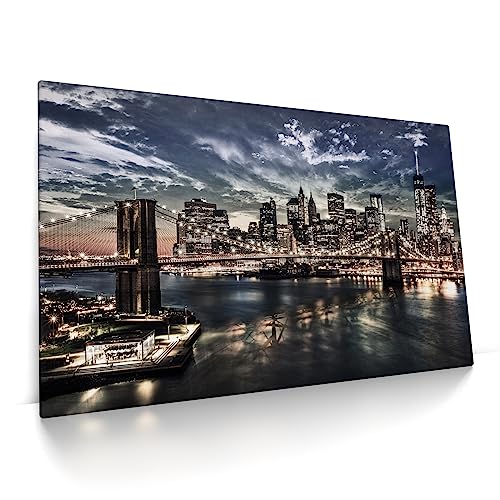 CanvasArts Brooklyn Bridge - New York Skyline - Leinwand Bild - Abenddämmerung, dramatischer Himmel, Nacht (100 x 60 cm, Leinwand auf Keilrahmen) von CanvasArts
