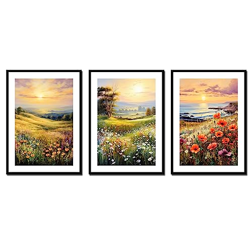 CanvasArts Frühling/Sommer Blumenwiese 3er Set - Poster - ohne Rahmen, Blumen Wiese Meer Landschaft Sonne Küste Feld (70 x 50 cm, Poster, Blumenwiese 3er Set) von CanvasArts