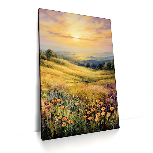 CanvasArts Frühling/Sommer Blumenwiese A - Leinwand Bild - Blumen Landschaft Sonnenaufgang (100 x 70 cm, Leinwand auf Keilrahmen, Blumenwiese A) von CanvasArts