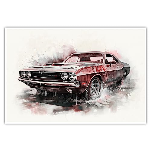 CanvasArts Watercolor Sketch Aquarell - Poster ohne Rahmen - Auto Artwork Modern Art Wandbild Wasserfarbe kompatibel zu Dodge Challenger (60 x 40 cm, Poster, Dodge) von CanvasArts