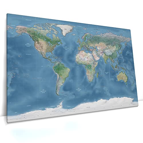 CanvasArts Weltkarte Relief Mittelblau - Leinwand Bild, deutsch, blau, politische und physische Karte der Welt (150 x 90 cm, Leinwand auf Keilrahmen, Mittelblau) von CanvasArts