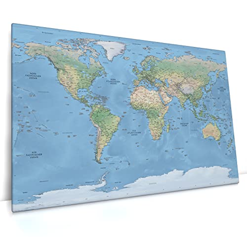CanvasArts Weltkarte Relief Pastellblau - Leinwand Bild, deutsch Wandbild, Politische und Physische Weltkarte, blau (120 x 70 cm, Leinwand auf Keilrahmen, Pastellblau) von CanvasArts